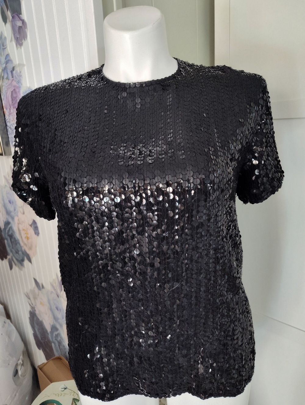 VTG Diane Gilman Sequin Blouse Black Silk Short Sleeve Party Top Women's Medium
